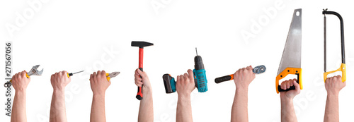 Hands with different tools isolated on white background
