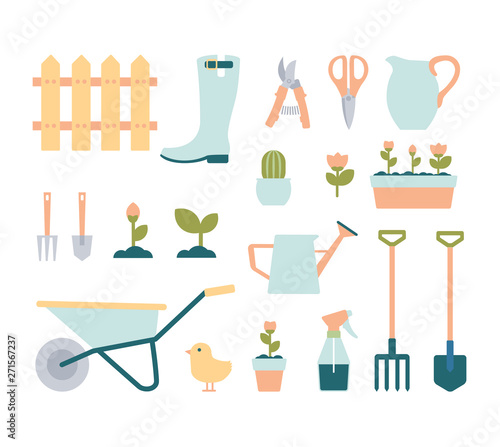 Set of various gardening tools. Vector flat illustration of gardening items. 