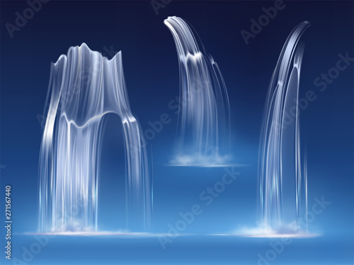 Waterfall cascade, realistic water fall streams set of pure liquid with fog of different shapes isolated on blue background. River, fountain element for design, nature Realistic 3d vector illustration