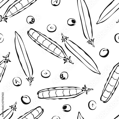 Green peas outline seamless pattern. Vector black white illustration of legumes. Vegetables background.