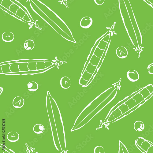 Green peas outline seamless pattern on Green background. Simple vector monochrome illustration of legume. 