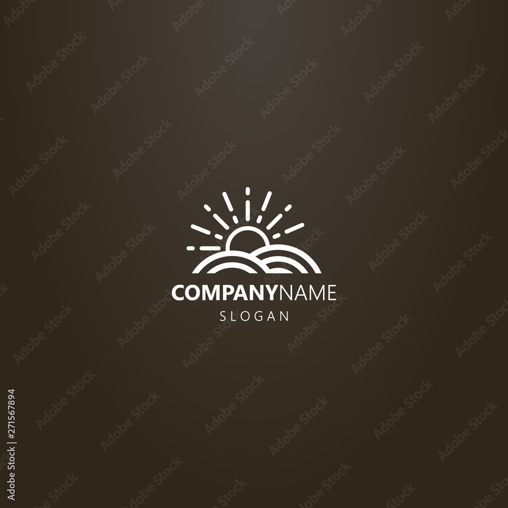 white logo on a black background. simple vector line art logo of sun that rise above the land plot white logo on a black background. simple vector line art logo of sun that rise above the land plot