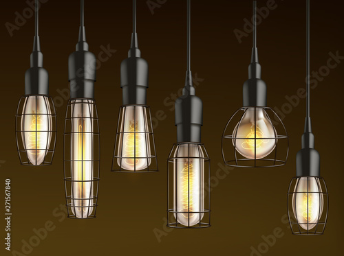 Different shape and size hanging, vintage incandescent light bulbs with heated wire filament and lattice wire cage realistic vector set. Outdoor lamp, garage and carport lighting glowing in darkness