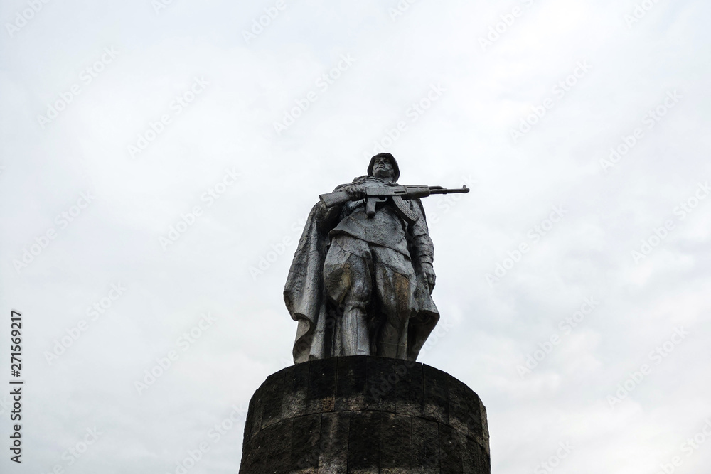 Minsk, Belarus - April 25, 2019: Statue of soldier on white background.