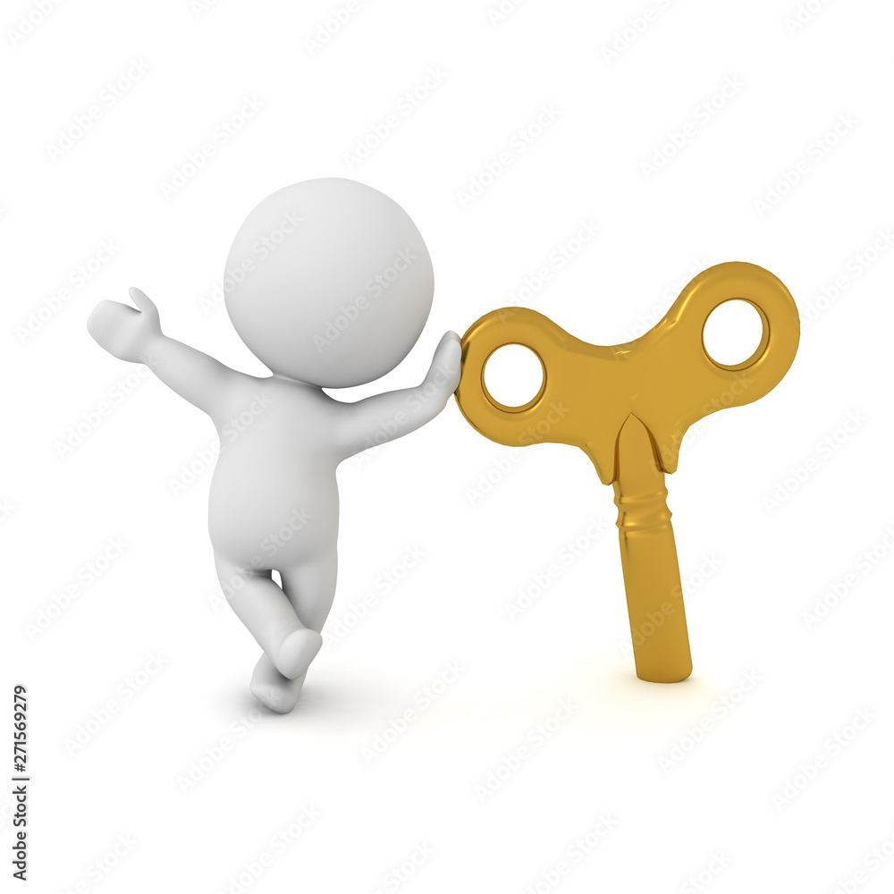 3D Character leaning on golden toy wind-up key 3D Character leaning on golden toy wind-up key