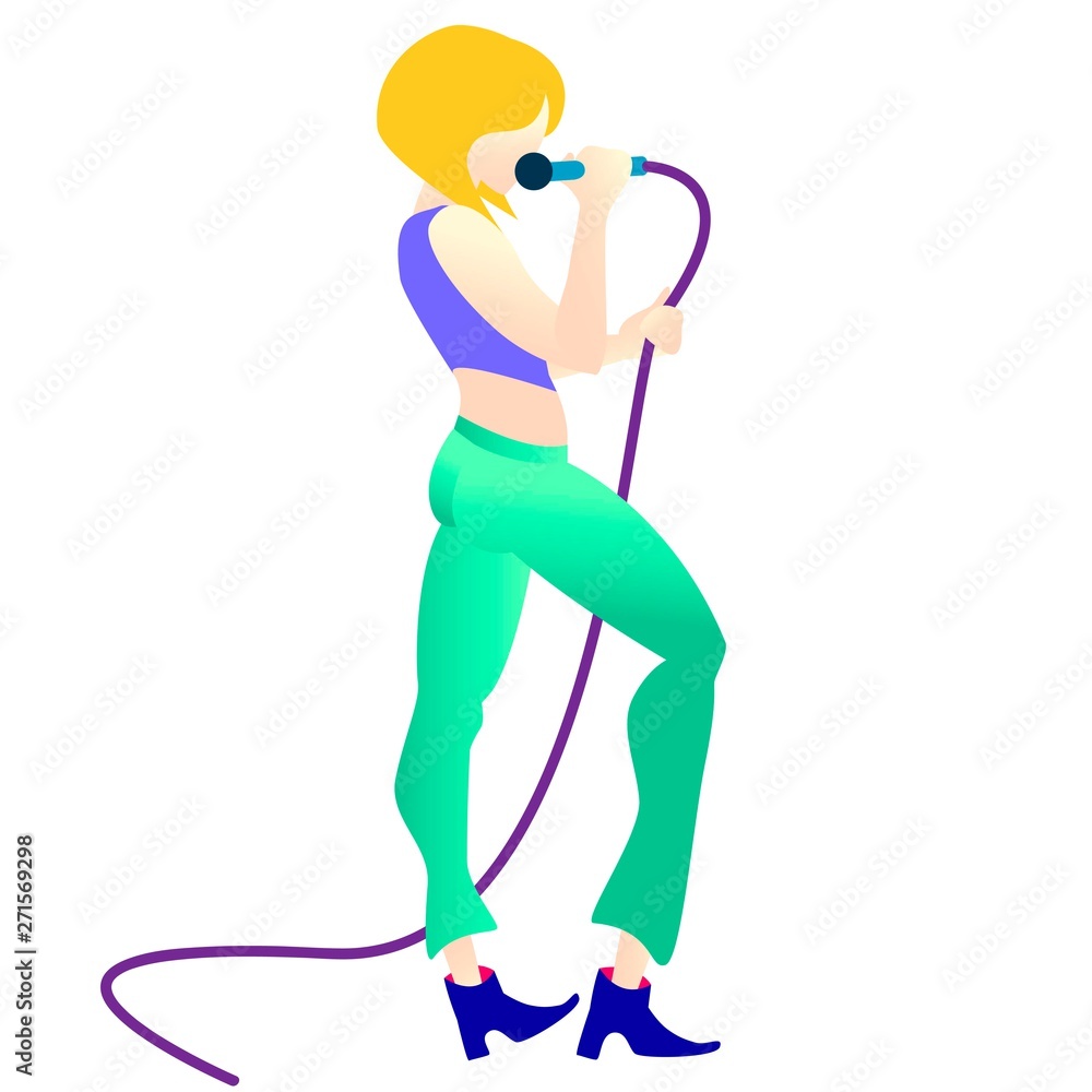 young beautiful girl sings a song into the microphone. isolated vector illustration. young beautiful girl sings a song into the microphone. isolated vector illustration.