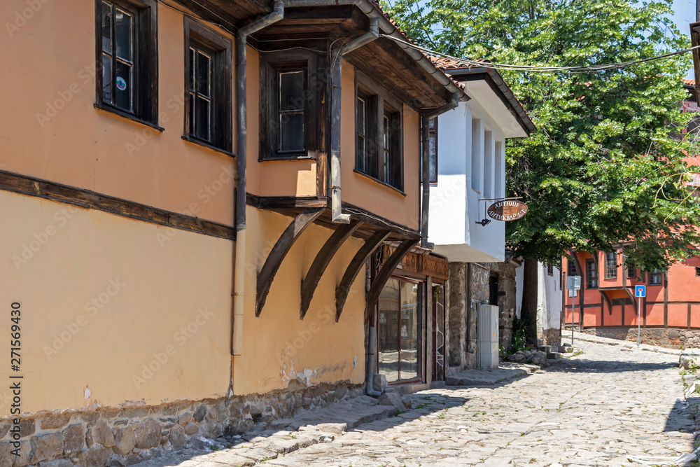 Fototapeta premium Street and Nineteenth Century Houses in The old town in city of Plovdiv, Bulgaria