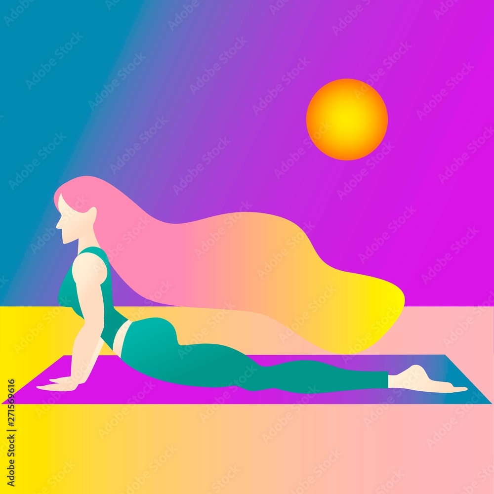 A woman started in yoga with a cobra pose. Bhujangasana. Colorful vector illustration Flat character design. fashion colors.