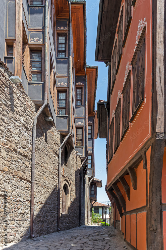 Street and Nineteenth Century Houses in The old town in city of Plovdiv, Bulgaria