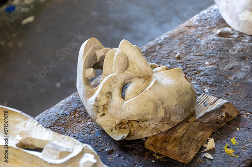 Carved Wooden Mask in The Mask Workshop in Ariyapala Mask Museum, Ambalangoda Sri Lanka