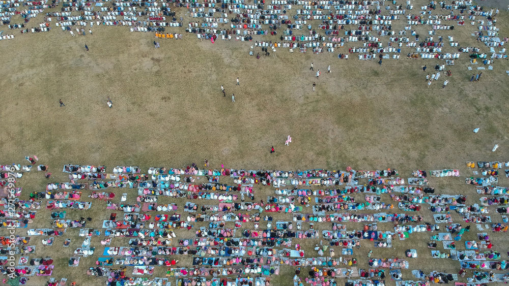 The view from the air of the Eid al-Fitr prayer in 2019 at Puputan Renon field. Eid prayers were attended by thousands of congregations. This is today's event