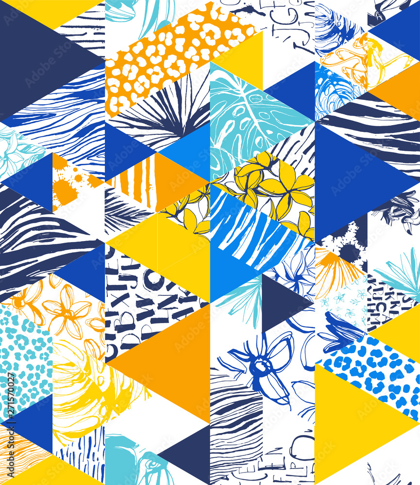 Seamless triangle pattern Tropical birds, palms, flowers. Grunge ink style. Seamless triangle pattern Tropical birds, palms, flowers. Grunge ink style.