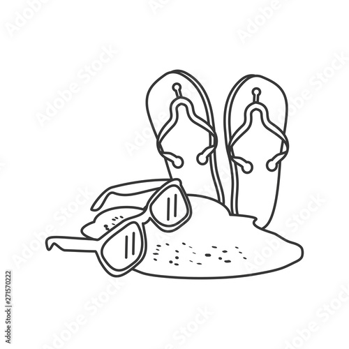 summer flip flops with sunglasses in the beach