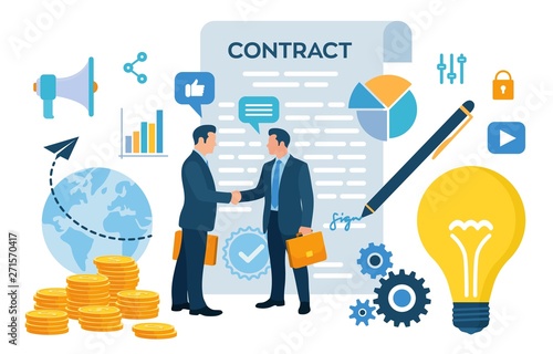 Partnership Concept. Financing of creative projects. Handshake of two business men. Agreement of parties. Signing documents. The investor holds money in ideas. Business team. Vector illustration.