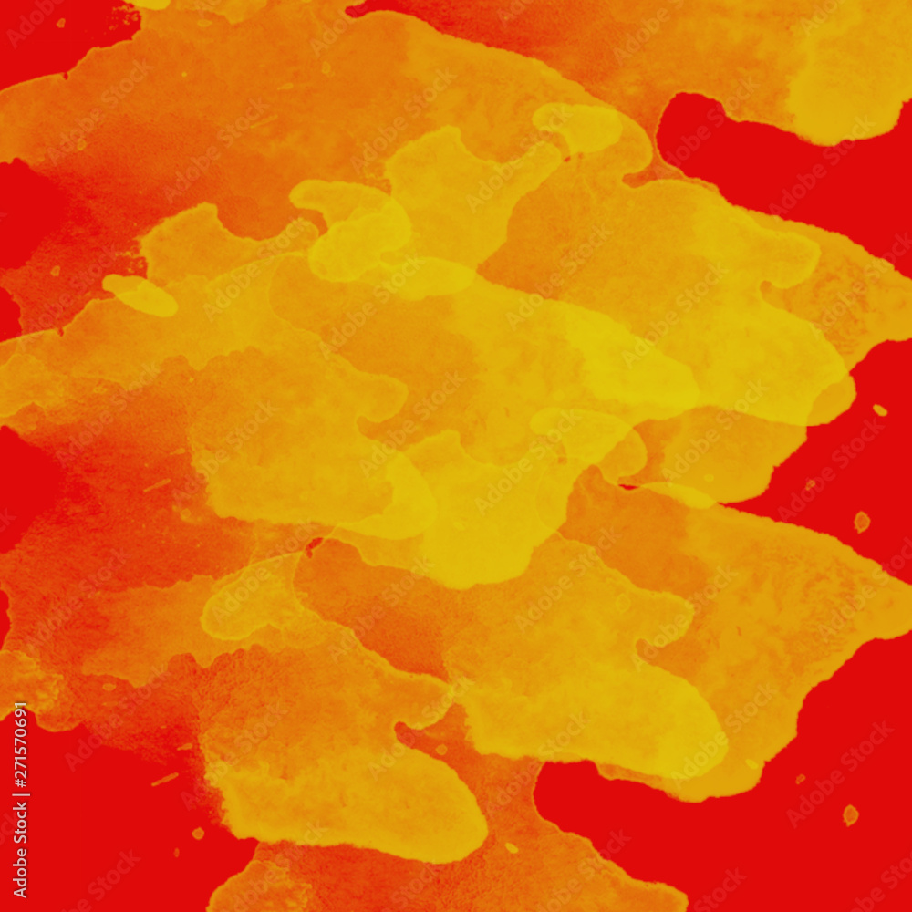 Abstract orange art painting of watercolor splashes of paint on red background.