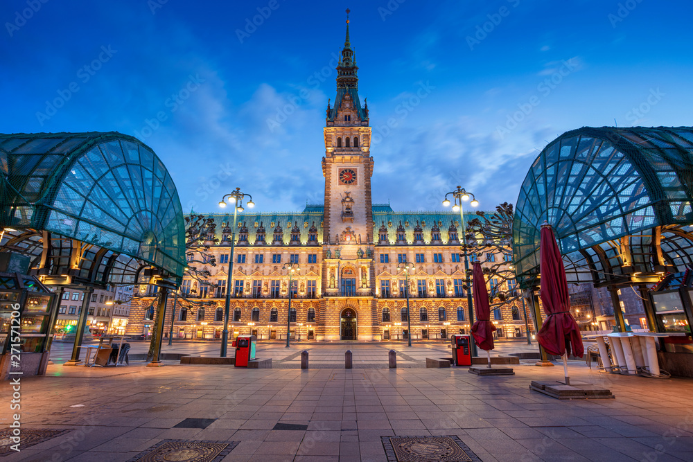 Hamburg, Germany. Cityscape image of Hamburg downtown with City Hall during twilight blue hour.