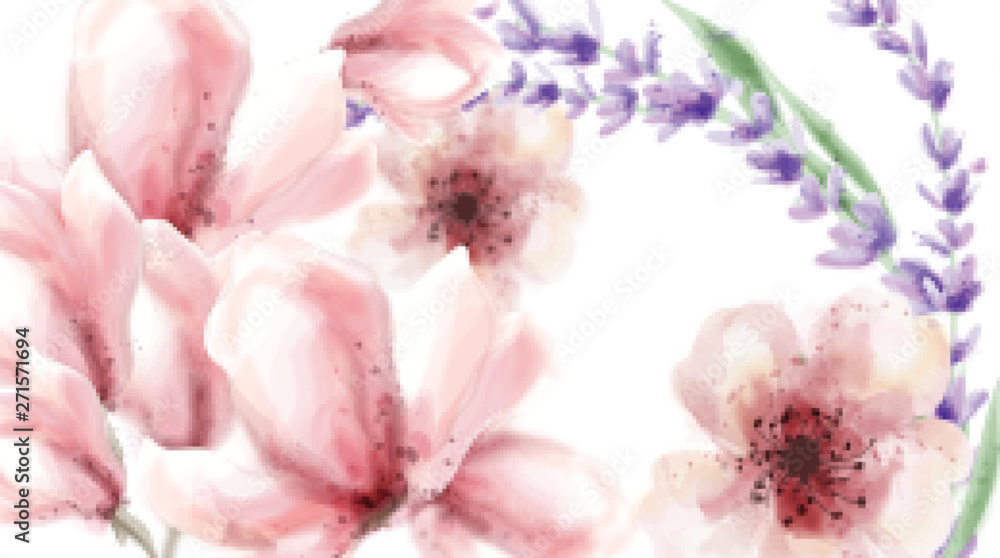Pink delicate flowers and lavender Vector watercolor background. Spring summer textures