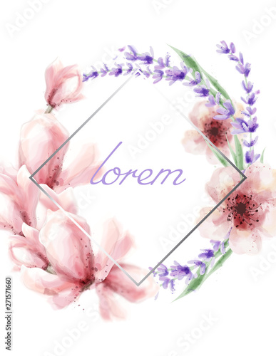 Spring summer card with colorful flowers frame Vector watercolor. Pink delica...