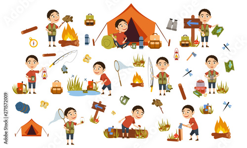 Set curly boy tourist on nature. Camping. Overnight, overnight in a tent, picking mushrooms, fun and relaxation. Children's camp. Scouts. Cute Vector Illustration