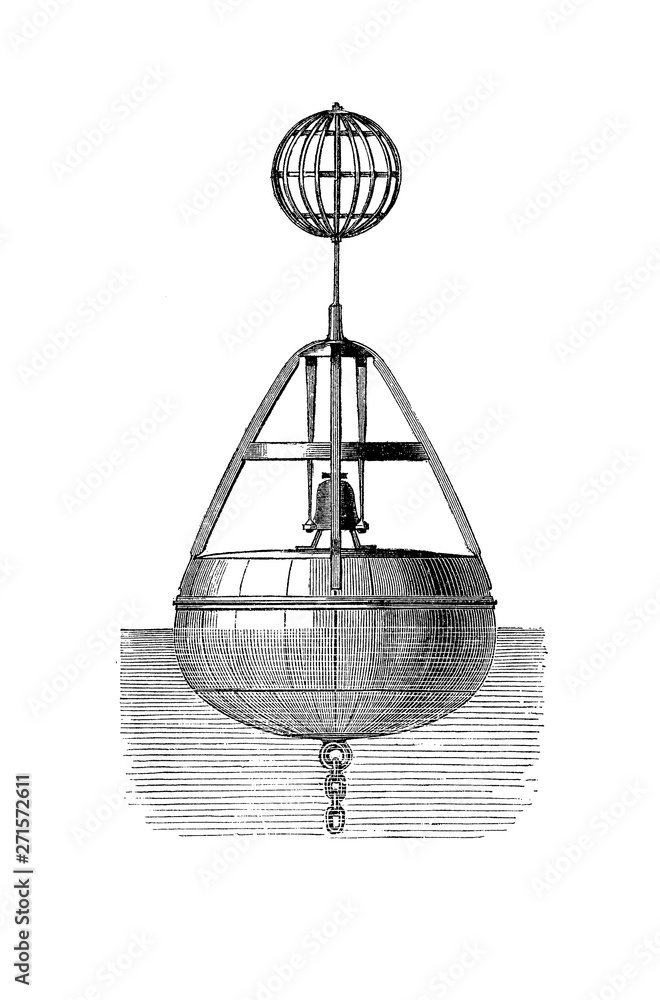 Floating buoy bearing a bell or a group of bells inside an iron cage that rings with the waves motion