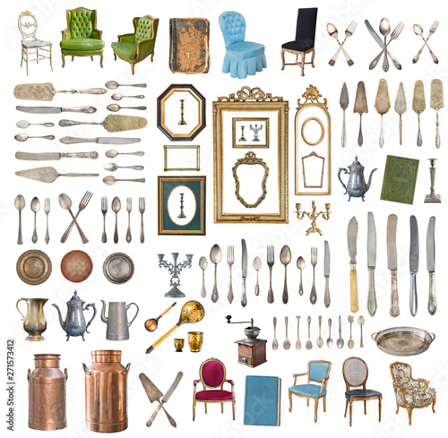 Set of beautiful antique items, picture frames, furniture, silverware. Retro. Vintage. Isolated on white background
