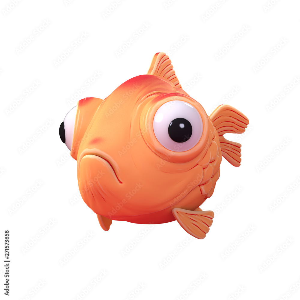 3d cartoon character of a spherical goldfish with big bulging eyes floating  in the air. Funny