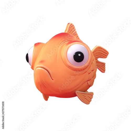 Photography 3d cartoon character of a spherical goldfish with big bulging eyes floating in the air