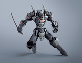 Sci-fi mech warrior holding a sword in his hand in fighting position. Mech in defensive pose. Futuristic robot with white and gray color metal. Mech Battle. Orange paint. 3D render on gray background