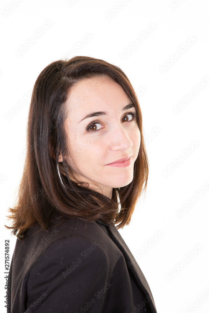 Cheerful brunette woman in business clothes Cheerful brunette woman in business clothes