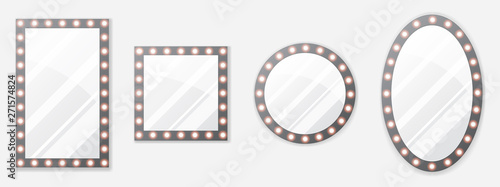 Set of makeup mirror with gold lights. Vector illustration