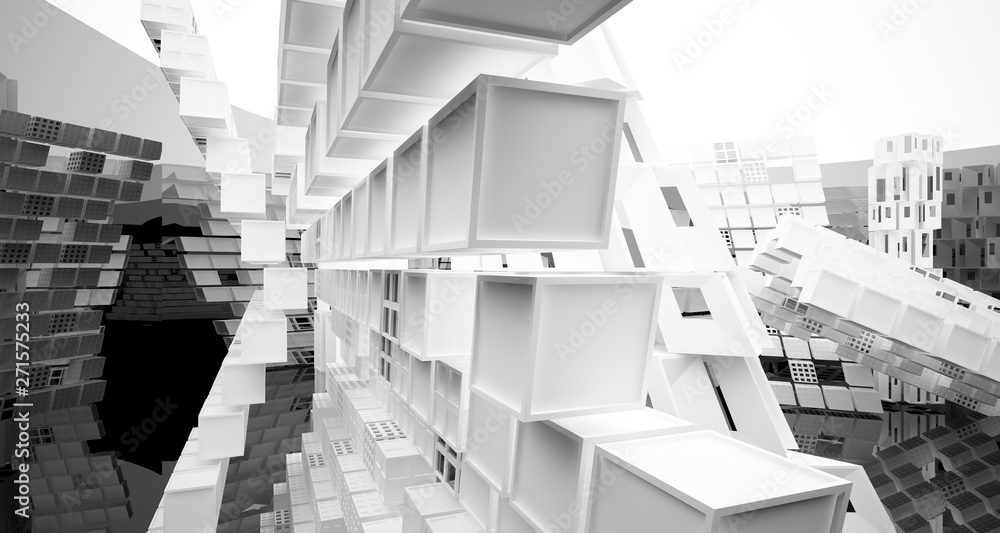 Naklejka premium Abstract white and black interior multilevel public space with window. 3D illustration and rendering.