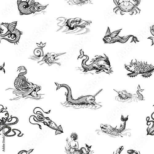Mythological vintage sea monster. Monochrome Hand drawn sketch. Vector seamless pattern for boy. Detail of the old geographical maps of sea.