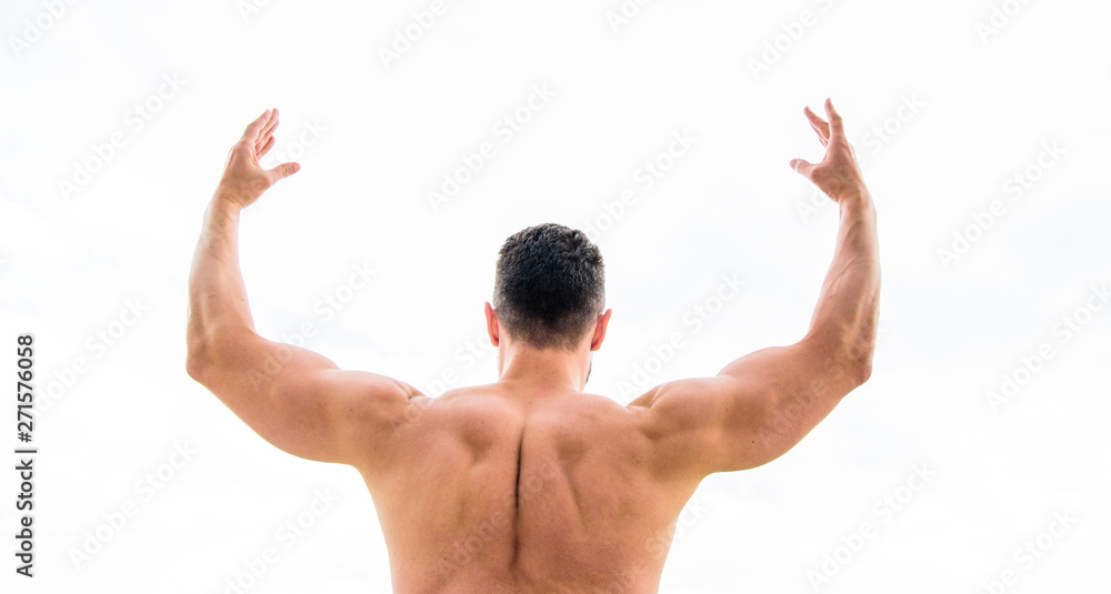 Sport motivation. Champion and winner concept. Man celebrating success. Bodybuilder strong muscular back feeling powerful and superior. Achieve success. Successful athlete. Victory and success Sport motivation. Champion and winner concept. Man celebrating success. Bodybuilder strong muscular back feeling powerful and superior. Achieve success. Successful athlete. Victory and success