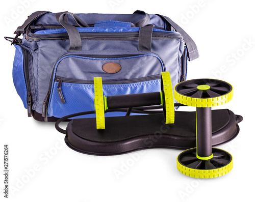 The Sport bag and sports equipment for the press wheel isolated on the white background
