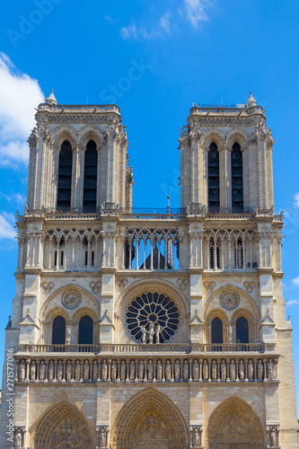 View of the original Notre-Dame de Paris church, before the fire lit up in april 2019. Is a medieval Catholic cathedral and is considered to be one of the finest examples of French Gothic architecture