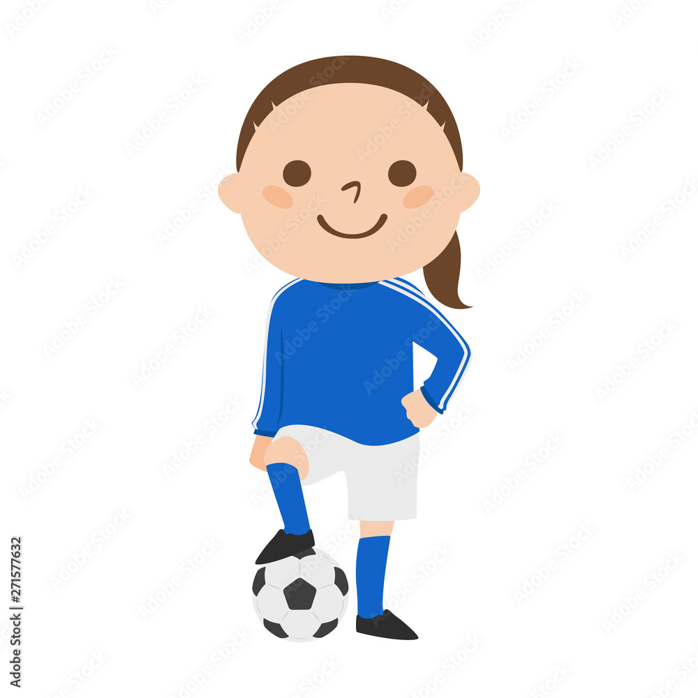 女の子のイラスト。サッカーのユニフォームを着た若い女の子。