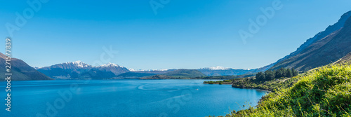 View of the landscape of the lake Wakatipu, Queenstown, New Zealand. Copy space for text.