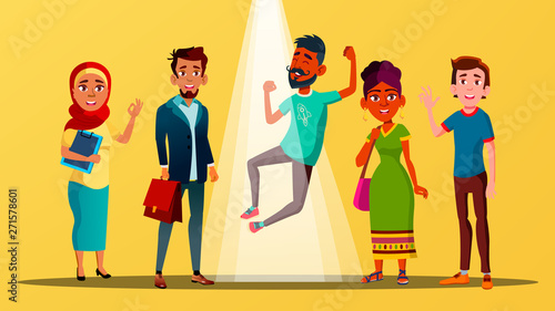 Multicultural Characters Happy For Vacancy Vector. Laughing Group Of International Young Man And Woman Got Vacancy Professional Job In Company. Bright Design Flat Cartoon Illustration