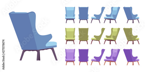 Retro soft armchair set. Lounge chair, interior decor for living room, bedroom, reception room or office. Vector flat style cartoon illustration isolated on white background, different views and color