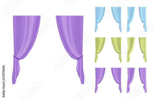 Curtain and drapery set. Blackout fabric panels for bedroom, living room, window drapes elegant home decor. Vector flat style cartoon illustration isolated on white background, different views, color