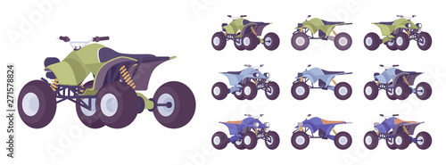 ATV transport set. All terrain motorized vehicle, off highway four wheeler for dunes, trails or track. Vector flat style cartoon illustration isolated on white background, different views and color