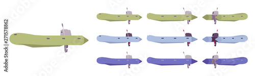 Rubber boat set. Inflatable vessel for enjoyable water fun or fishing, action sport equipment. Vector flat style cartoon illustration isolated on white background, different views and color