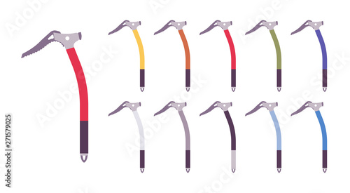 Ice axe set. Climbers light tool for cutting footholds in snow, hiking and mountaineering gear. Vector flat style cartoon illustration isolated on white background, different views and color