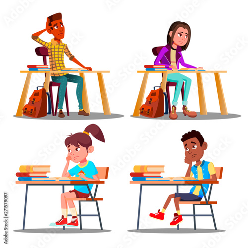 Characters Bored Pupils During Lesson Set Vector. Unhappy Bored Teenager Student Boy And Girl Tired Stressed Of Reading, Doing Homework. Dislike Education Flat Cartoon Illustration