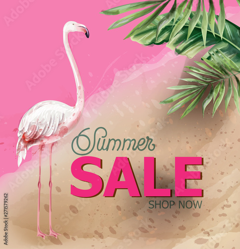 Summer tropic flowers and flamingo card Vector watercolor. Holiday poster. Sa...