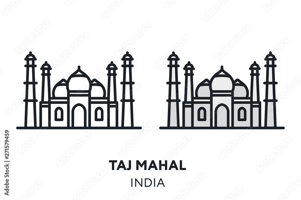 Taj Mahal Temple India Landmark Sight. Vector Flat Line Icon Illustration.