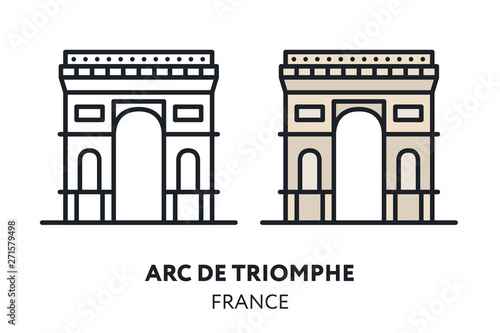 Triumphal Arc de Triomphe. Paris France Landmark Sight. Vector Flat Line Icon Illustration.