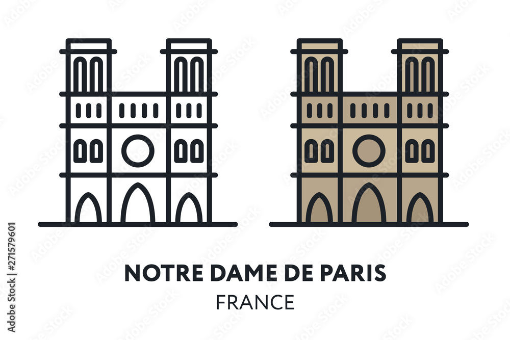 Notre Dame De Paris Cathedral. Paris France. Landmark Sight. Vector Flat Line Icon Illustration.