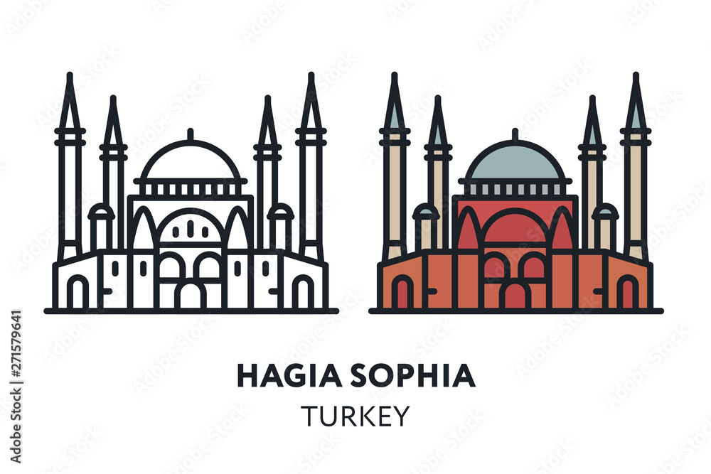 Hagia Sophia Cathedral. Istanbul Turkey Landmark Sight. Vector Flat Line Icon Illustration.