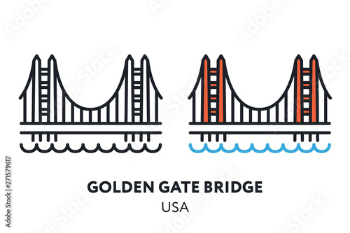 Golden Gate Bridge. San Francisco USA Landmark Sight. Vector Flat Line Icon Illustration.
